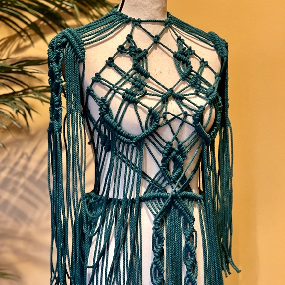 Handmade Macramé Bondage Dress Teal Blue Crochet Cut Out Distressed - Picture 12 of 16